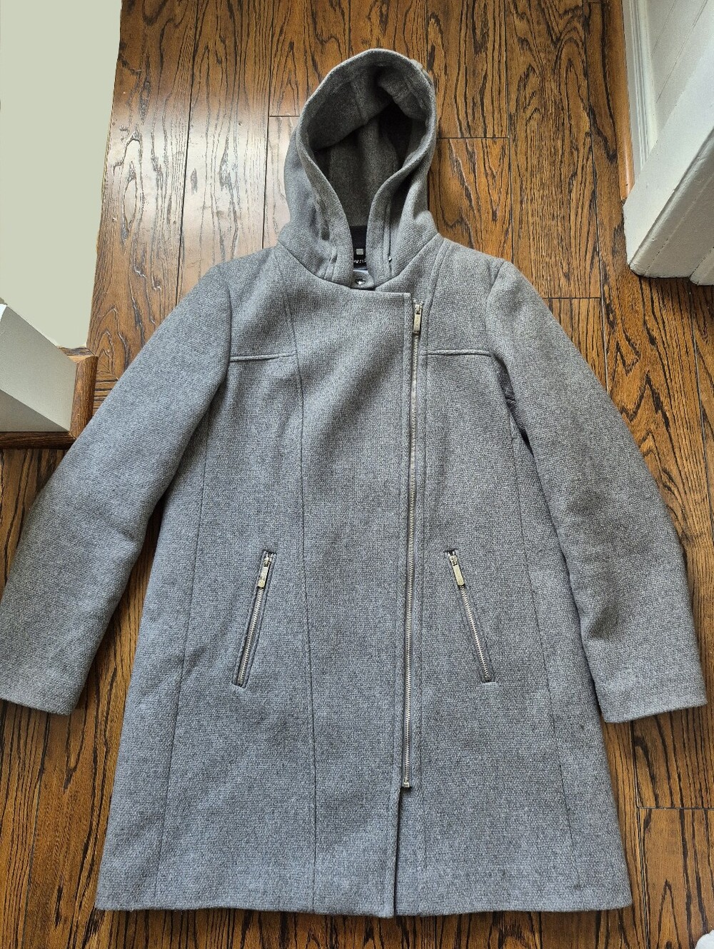 Calvin Klein Wool Coat Large - Gray, Chrome, quilted interior, mid-length